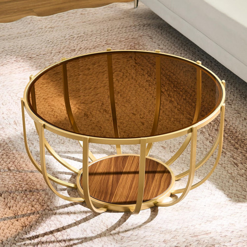 Round glass wood coffee - glass,